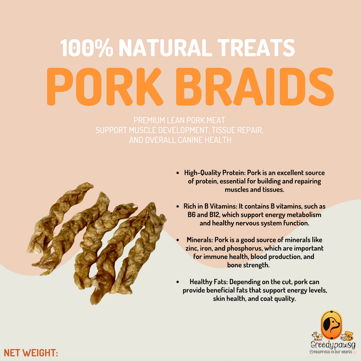 Greedy Paw SG - Pork Braid Chew (Air-Dried, Single Ingredient)