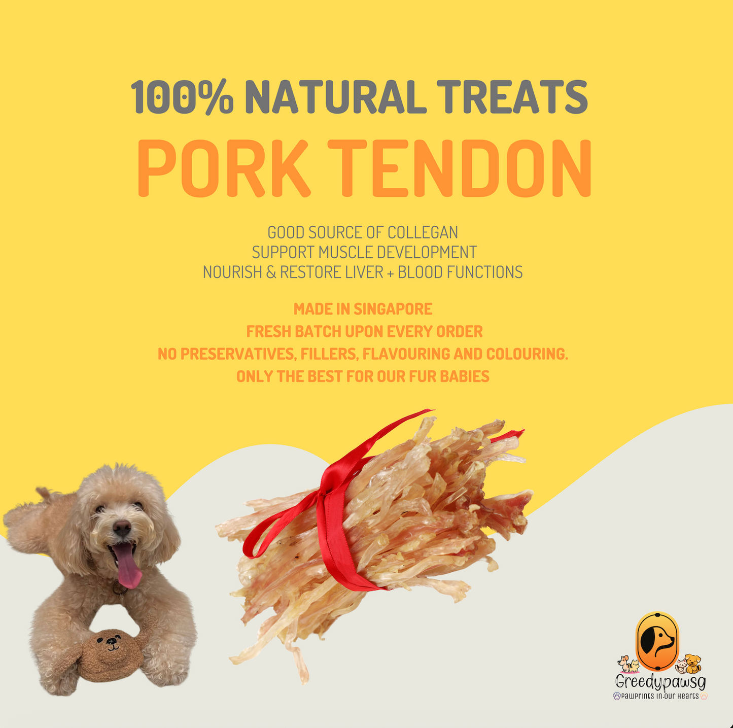 Greedy Paw SG - Pork Tendon Chew (Air-Dried, Single Ingredient)